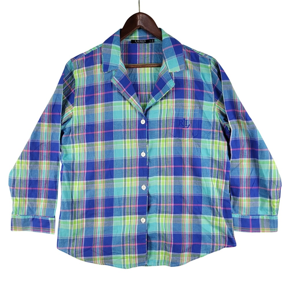 Lauren Ralph Lauren Pajama Top Mens XL Blue Plaid Cotton‎ Sleep Shirt Excellent